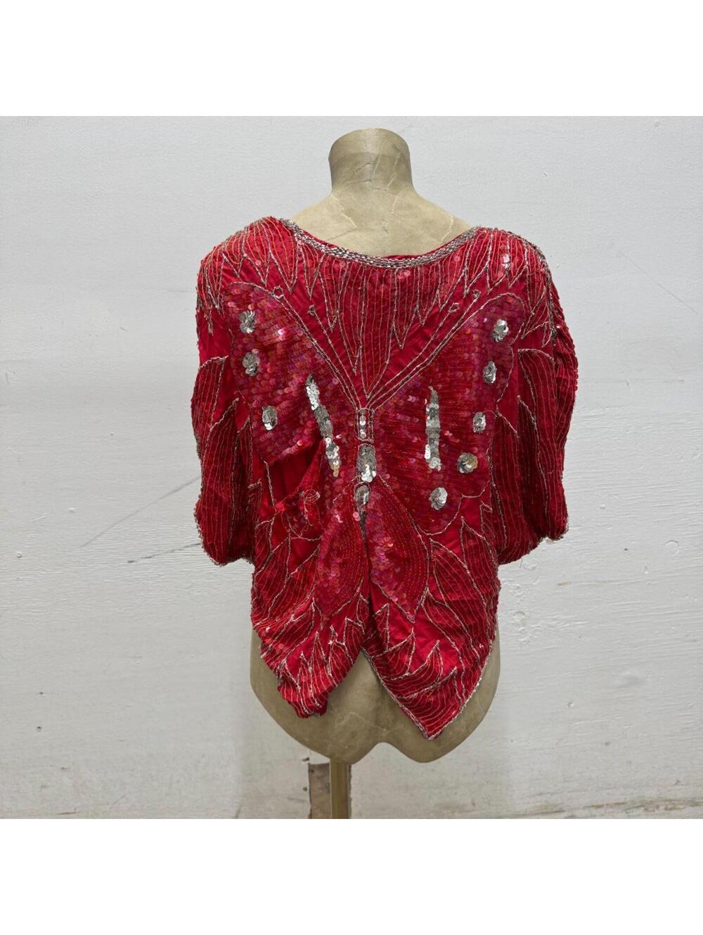 Vintage Broadway Costume 70s Red Sequin Beaded Butterfly Silk Fairy Top 3 - Picture 5 of 8